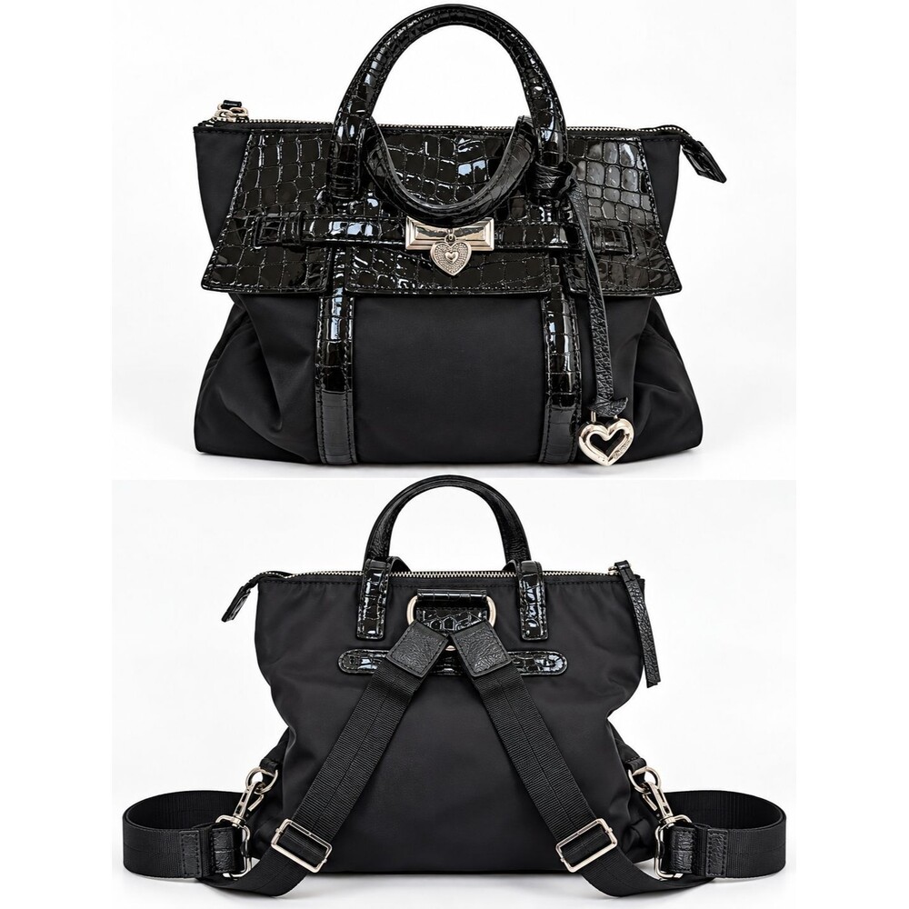 Brighton Black Patent Croc Embossed Convertible Handbag Backpack Silver Heart